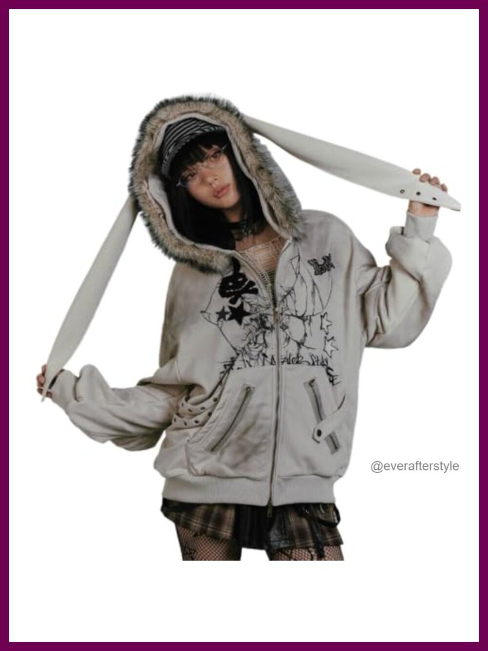 Kawaii Bunny Ear Striped Long Sleeve Zip Up Hoodie Women Y2K Sweatshirt
